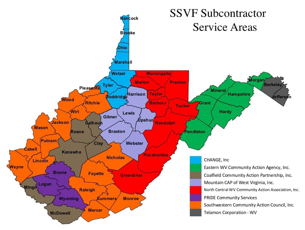 SSVF Subcontractor Service Areas | West Virginia Community Action Partnership (WVCAP) | One Creative Place, Charleston, WV 25311 | Phone: +1 (304) 347-2277 | https://wvcap.org/